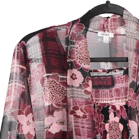 Nicola Blouse Set Cardigan Pleated Tank Womens L Floral Sheer Pink Black Gray - Picture 2 of 7